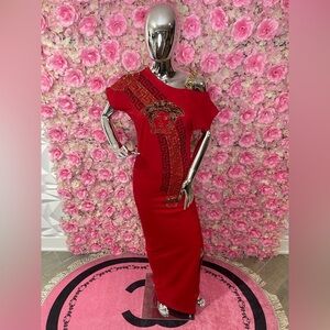 Chic One-Shoulder Red Dress with Gold Detailing